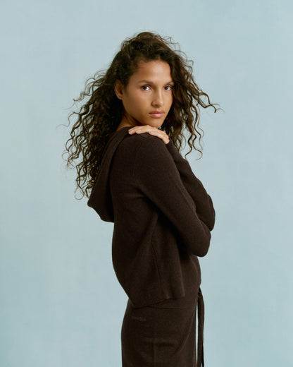 Knit Zip Up Hoodie - Coffee Bean