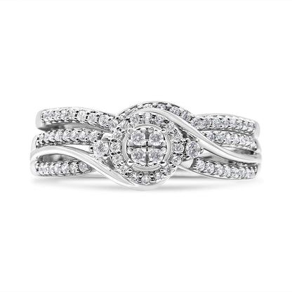 .925 Sterling Silver 1/3 Cttw Composite Diamond Frame Bypass Bridal Set Ring and Band (I-J Color, I2-I3 Clarity) - Ring Size 7