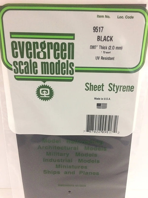 Evergreen Black Sheet - 2.0MM - 6x12 - Opaque Black Polystyrene - #9517