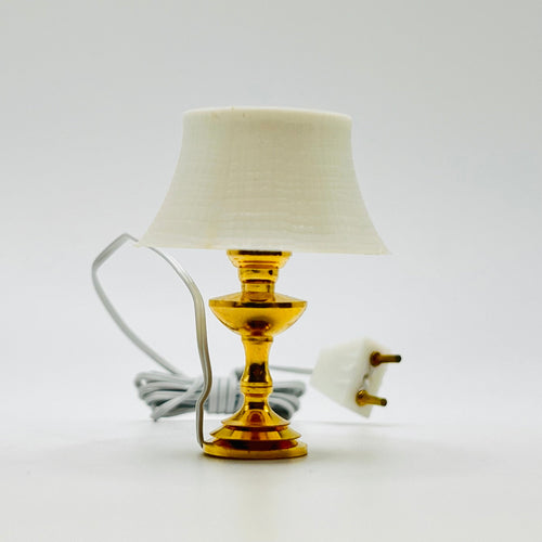 Brass Table Lamp with White Plastic Shade - 12 Volt - 1/12 Scale Dollhouse Miniature