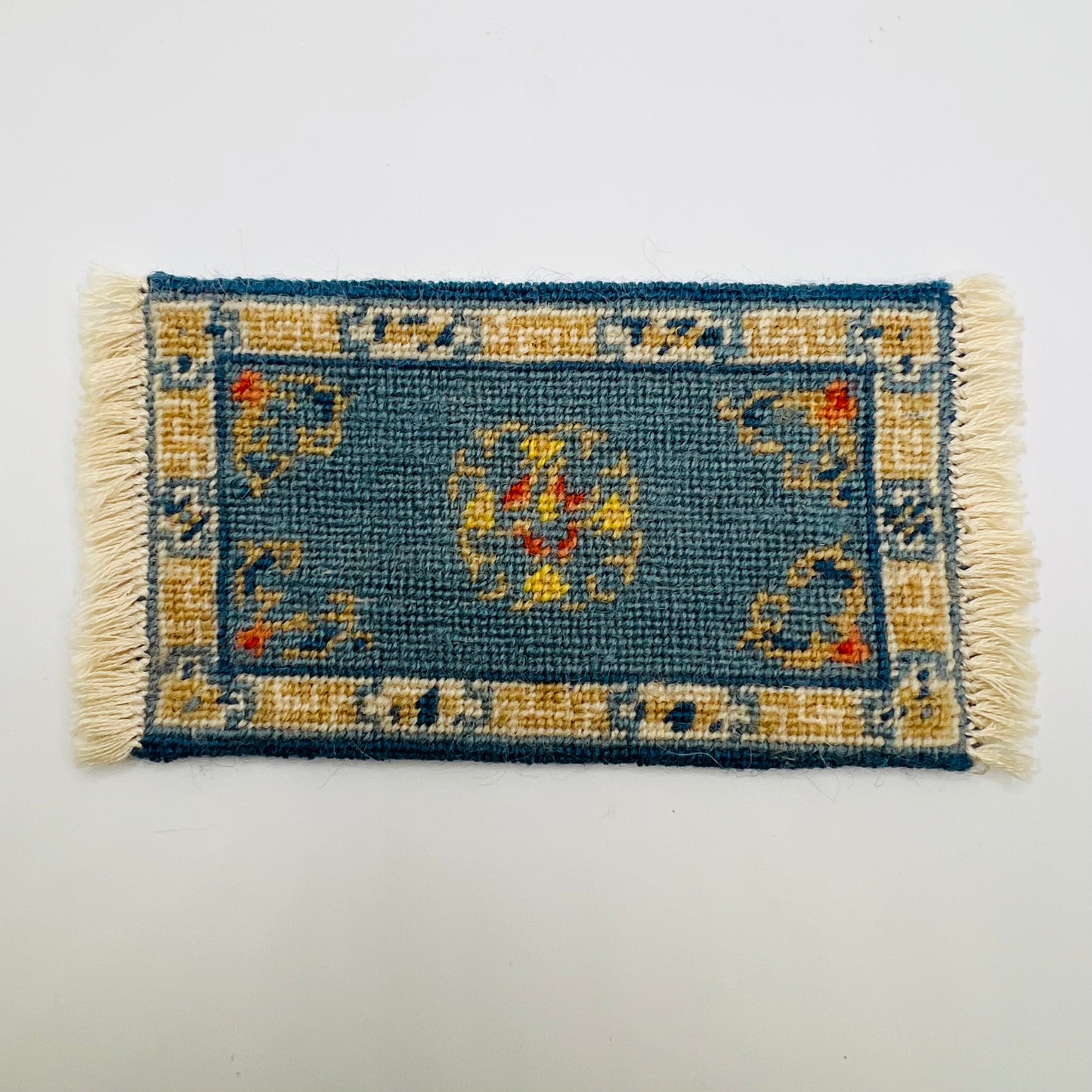 Handmade Cross-Stitched Small Blue Carpet - 1/12 Scale Dollhouse Miniature