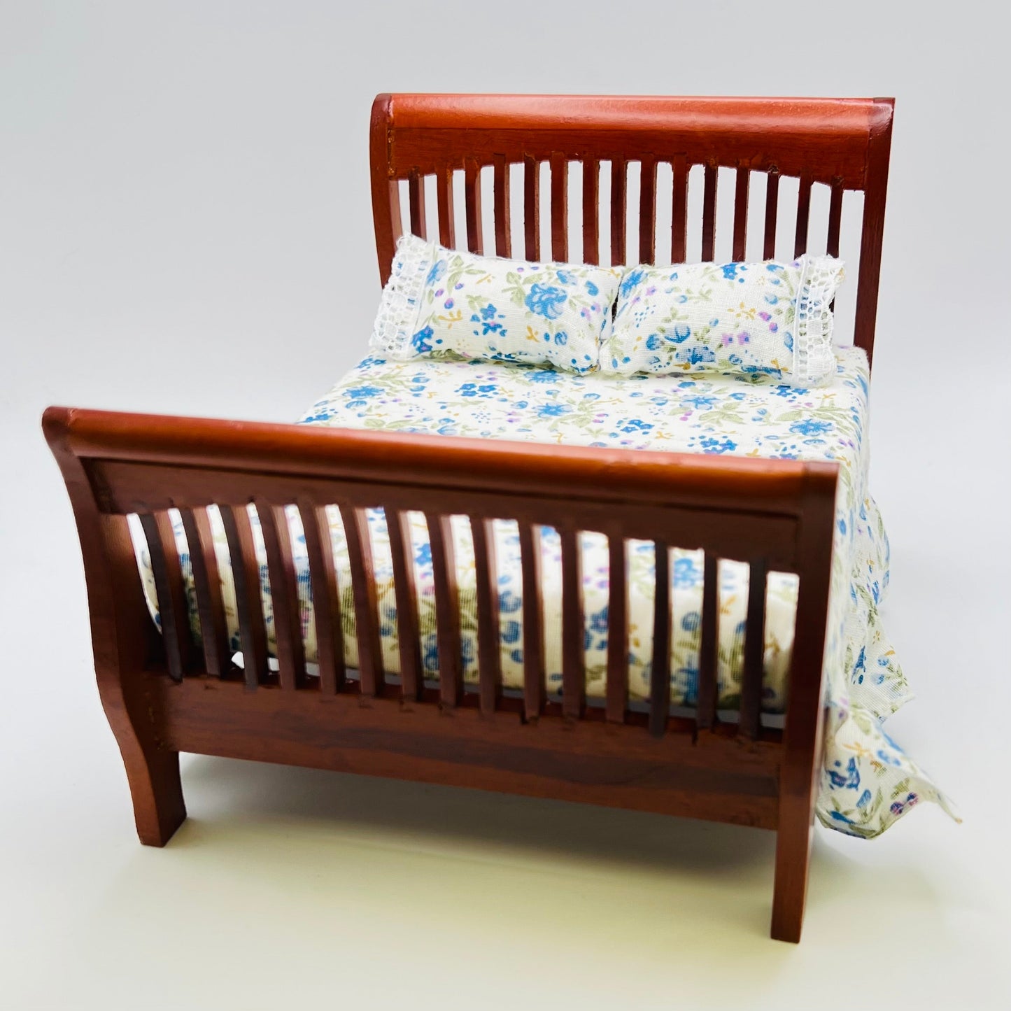 Double Bed - Blue Floral Bedcovers - Walnut - 1/12 Scale Dollhouse Miniature