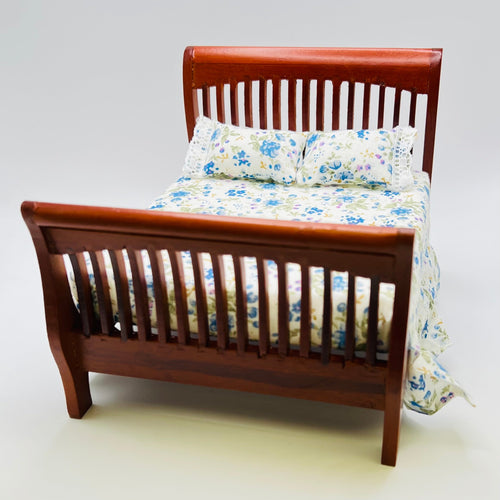 Double Bed - Blue Floral Bedcovers - Walnut - 1/12 Scale Dollhouse Miniature
