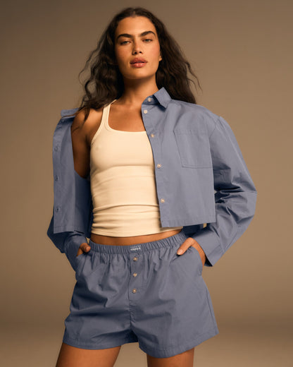 Cotton Cropped Shirt - Blue