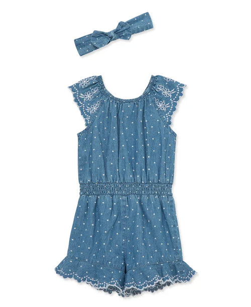 Chambray Woven Romper & Headband - Select Size