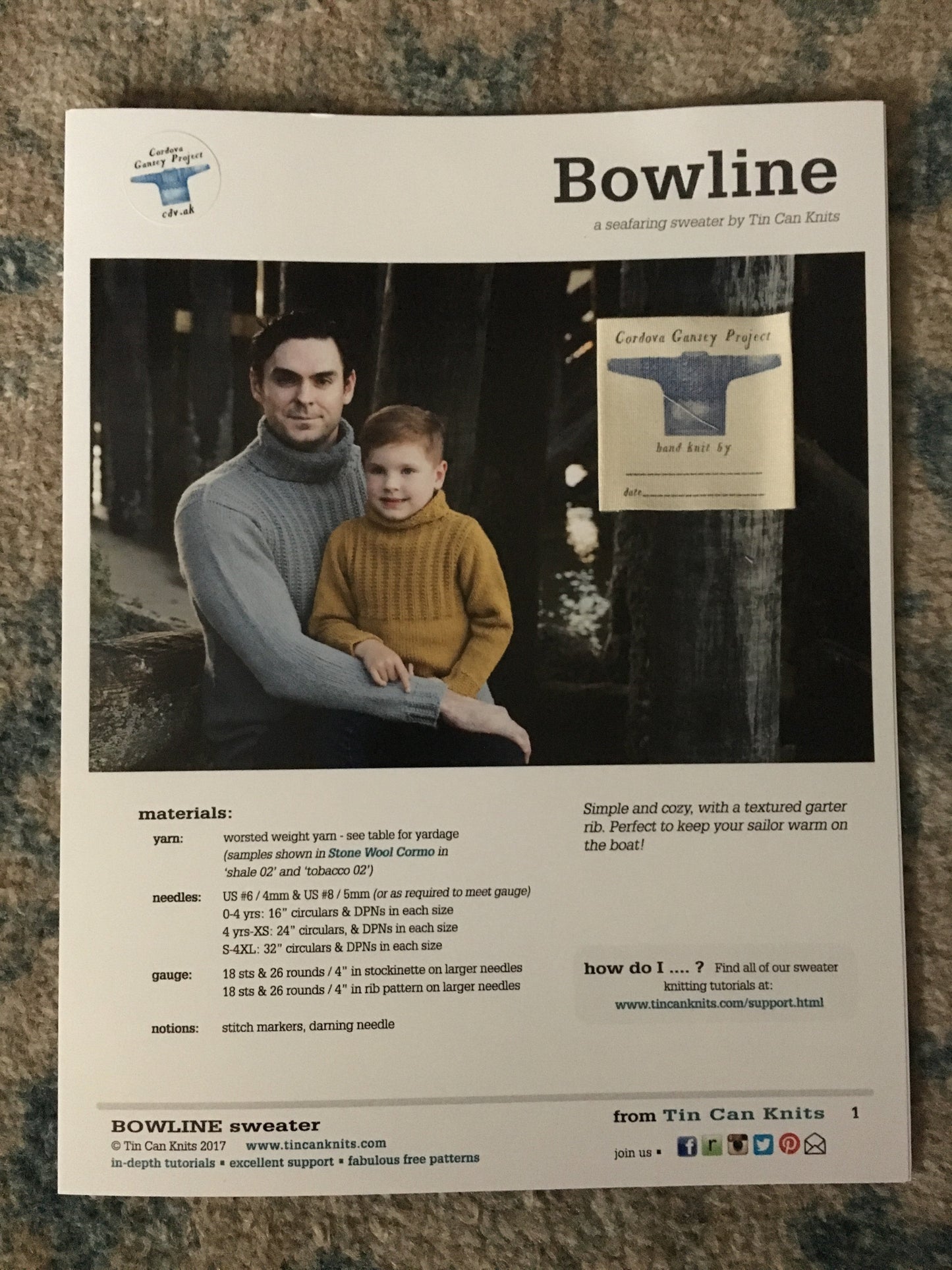 Bowline Sweater Pattern with Cordova Gansey Project Canvas Label